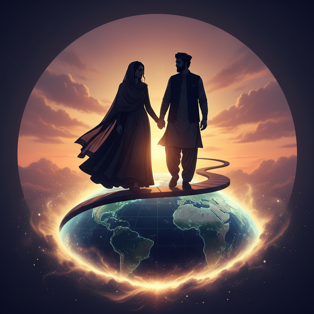 Silhouette of a couple walking on the globe